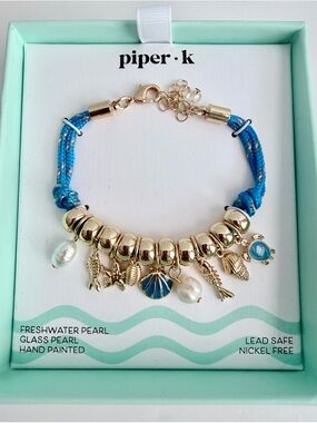 NIB Piper Gold Bead Bracelet with Blue Rope, Nautical Charms, pearls, sea turtle